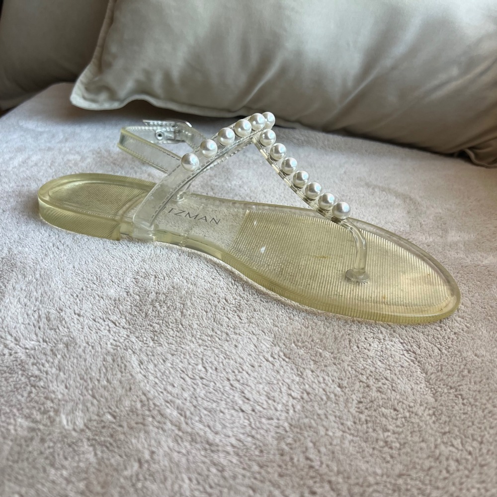 Stuart Weitzman Goldie Women 7 Clear Jelly‎ Pearl Embellished Thong Flat Sandals